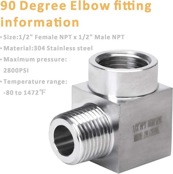 90 Degree Street Elbow - 1/2" NPT Male to 1/2" NPT Female Stainless Steel 304 Heavy Duty Forged Square Barstock Street Elbow Adapter Pipe Fitting (pack of 2)