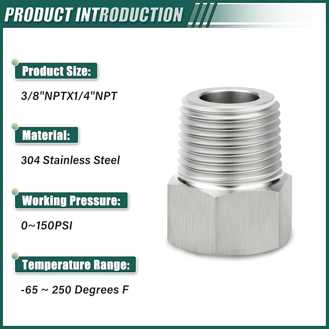 2PCS 304 Stainless Steel Reducer Hex Bushing, 3/8" NPT Male x 1/4" NPT Female, Reducing Pipe Adapter Fitting, for Air/Fuel/Water/Gas/Oil