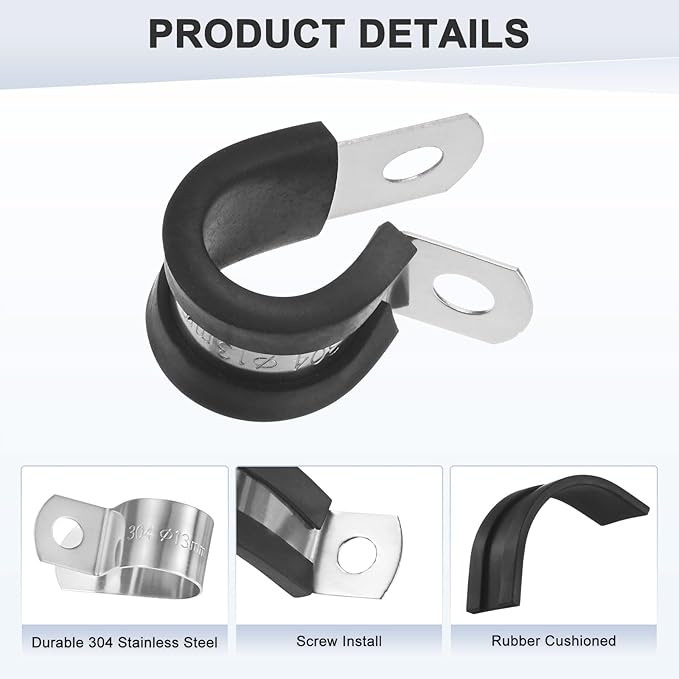 12-Pack Cable Clamps, 33/64 Inch/ 13 mm 304 Stainless Steel Rubber Cushioned Insulated Cable Clamp R Shape Metal Holder for Tube/Wire/Pipe/Loop Installation