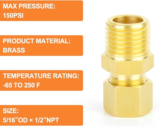 GASHER 5PCS Brass Compression Tube Pipe Fitting Connector, Straight Coupling Adapter 5/16" Tube OD x 1/2" NPT Male Connector