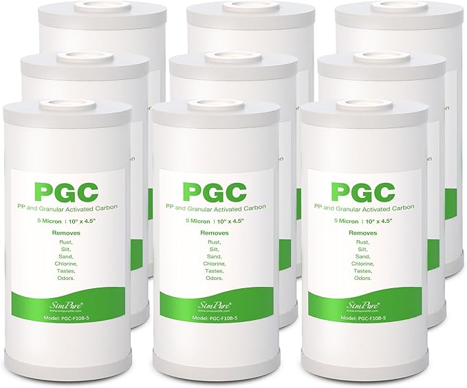 SimPure 5 Micron 10" x 4.5" Sediment and Carbon Whole House Water Filters, PGC Replacement Cartridge for GE FXHTC, GXWH40L, RFC-BB / 155141-43, WRC25HD, WDGD-5005, W10-PR, W15-PR, 9 Pack
