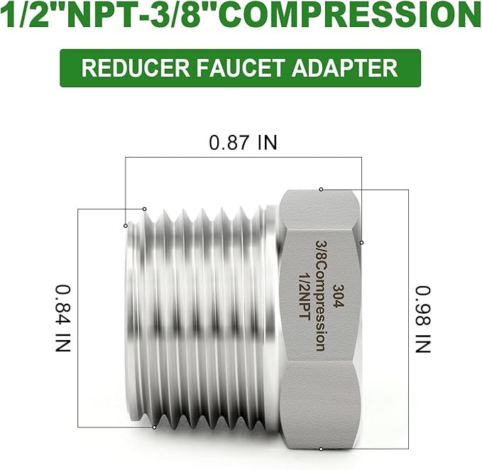 TAISHER 5PCS 304 Stainless Steel Reducer Water Hose Adapter 1/2" NPT × 3/8" Compression Pipe Fitting for kitchen bathroom faucet supply line adapter with rubber gasket