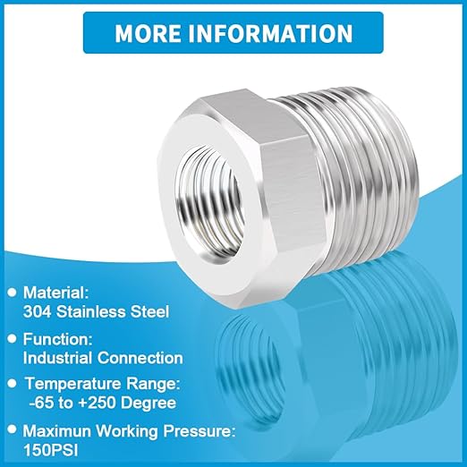Quickun Stainless Steel Reducing Hex Bushing, 3/4" Male NPT to 1/2" Female NPT, Reducer Bushing Pipe Hose Fitting （Pack of 2）