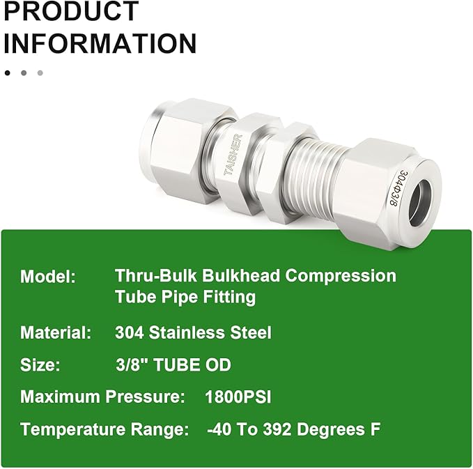 TAISHER 1PCS 304 Stainless Steel Thru-Bulk Bulkhead Compression Tube Pipe Fitting Connector, 3/8" Tube OD x 3/8" Tube OD Straight Adapter