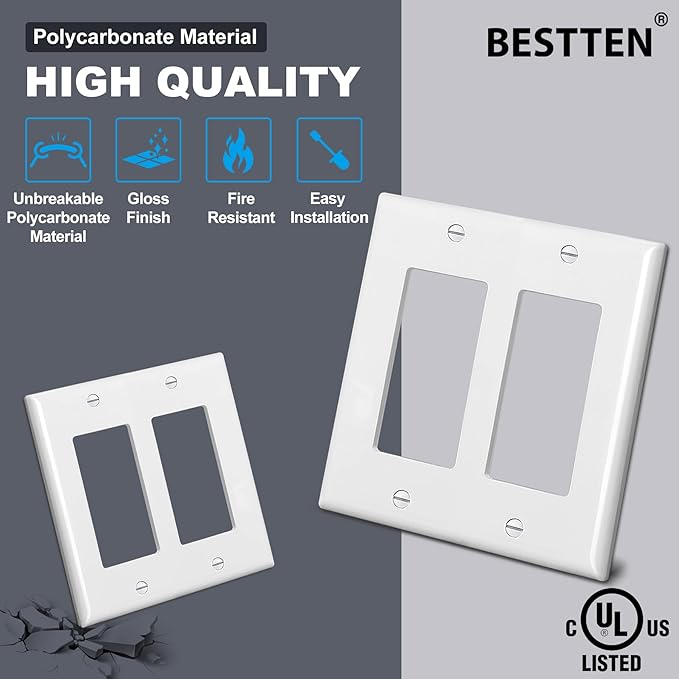 [10 Pack] BESTTEN Decorator Wall Plate, 2 Gang Standard Size Outlet Cover for GFCI and USB Receptacles, H4.53” x W4.57”, Unbreakable Polycarbonate Material, UL Listed, White