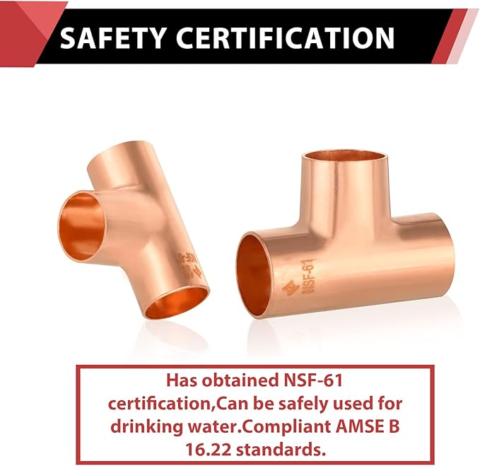 EFIELD 1-1/2" C X C X C Copper Tee, LF Copper Plumbing Fitting with Sweat Solder Connection,(COPPER106)