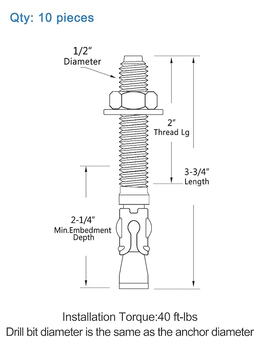 1/2 inch x 3-3/4 inch - 10 Pieces Wedge Anchor Zinc Plated Heavy Duty Fastener for Concrete