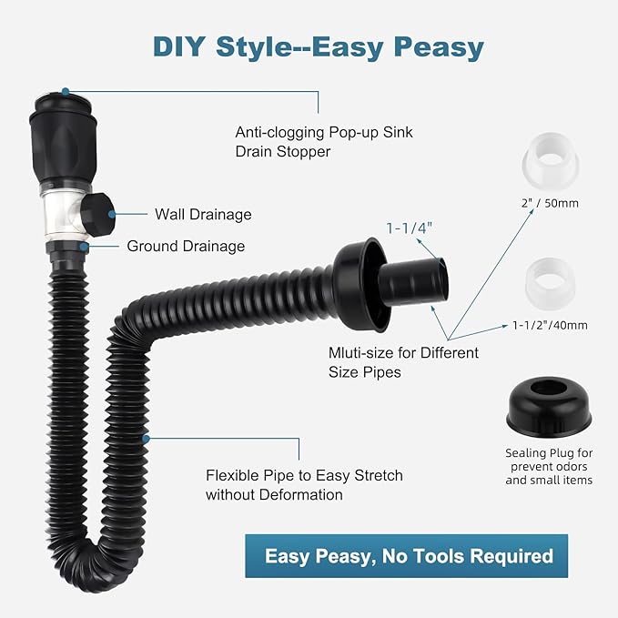 iFealClear Bathroom Sink Drain Kit, Flexible P-Trap Drain Pipe with Pop Up Stopper, Sink Pipe Replacement with 2 Adapters, Fits 1-1/4'', 1-1/2'', 2" Holes, Big Cover Cap, Brass Bounce Core, Chrome