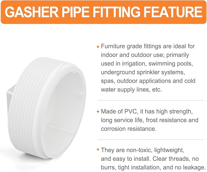 GASHER 10PCS PVC Cleanout Plug 2" NPT Male, End Cap Adaptor, Pipe Fitting Plug closing For Home or Industrial, Plumbing Water Line, Drainage Piping System