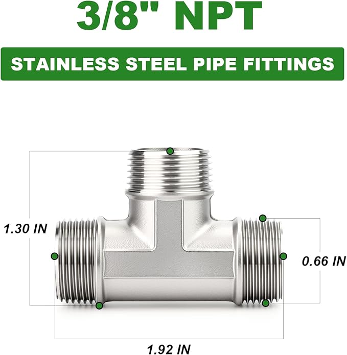 TAISHER 2PCS 304 Stainless Steel Tee Pipe Fittings, 3/8" x 3/8" x 3/8" NPT Male Pipe Fittings