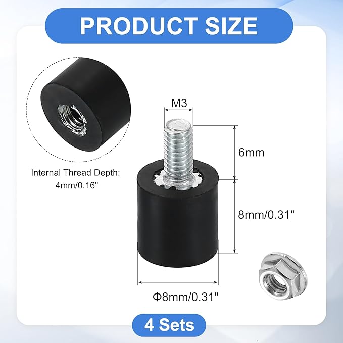 uxcell M3 Rubber Mounts, 4Pcs 8x8mm(DxH) Rubber Cylindrical Anti Vibration Isolator Shock Absorber with Lock Nut for Car Bobbin Generator Air Compressors