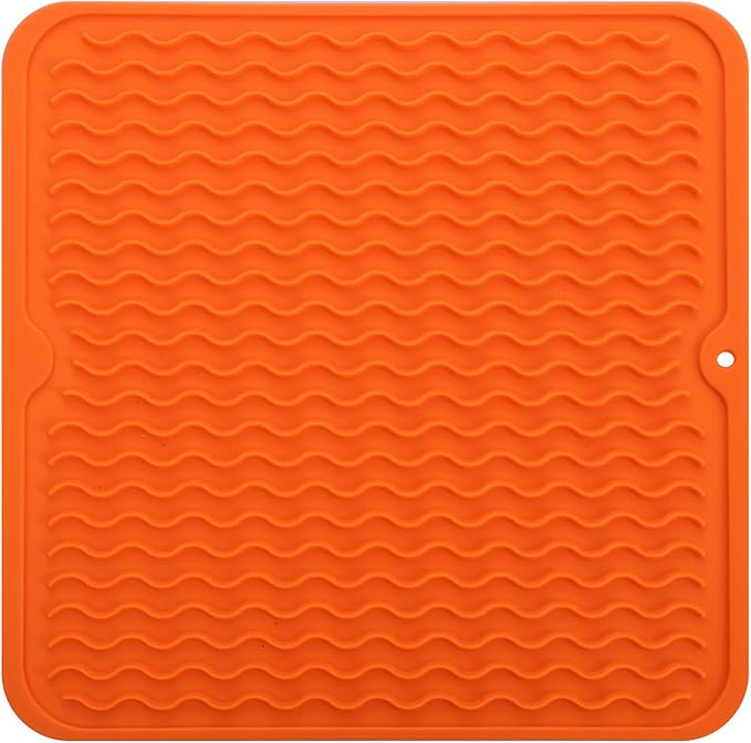 Silicone Dish Drying Mat for Multiple Usage,Easy clean,Eco-friendly,Heat-resistant Silicone Mat for Kitchen Counter or Sink,Refrigerator or Drawer liner Orange M 12 inches x 12 inches