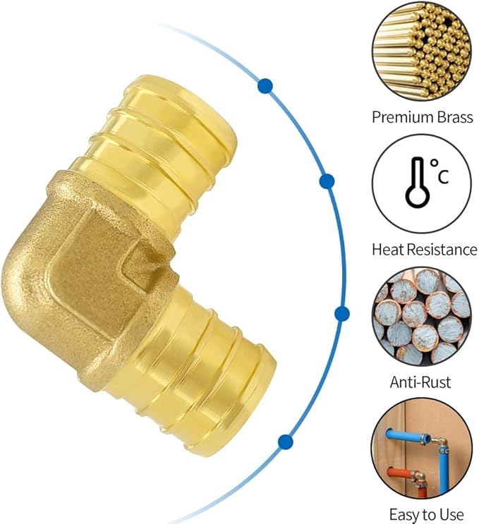 Hooshing 9PCS 3/4 Inch 90 Degree Elbow PEX Fitting Solid Brass Barb Crimp Fittings for PEX Pipe Hose