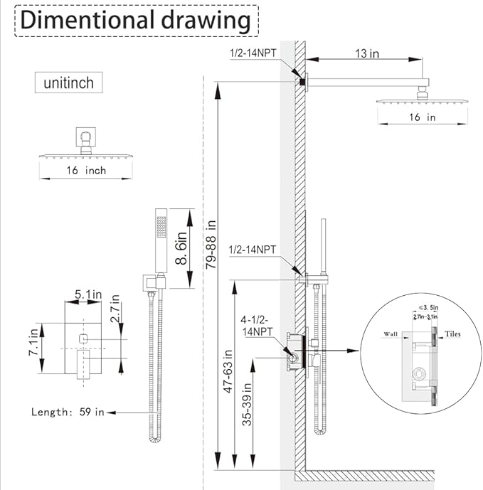 Oil Rubbed Bronze Shower System 16 Inch Bathroom Rain Mixer Shower Combo Set Wall Mounted Rainfall Shower Head and Handheld System Shower Faucet Set Rough-in Valve Body and Trim Kit