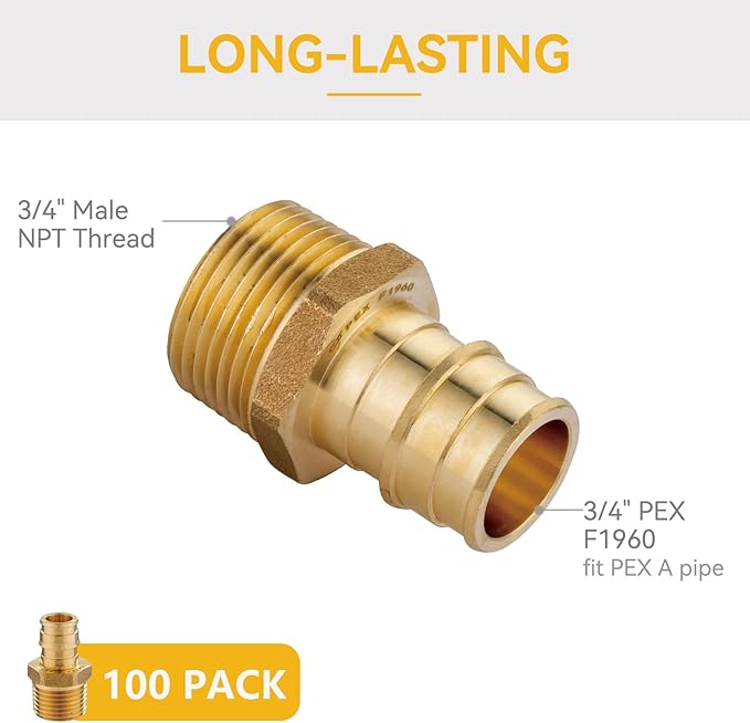 100 Pack PEX-A Fittings,3/4"x 3/4" Brass Expansion Male NPT Adapter,F1960 Male Threaded Adapter for Pex A Tubing(PEX1960018-100Pack)