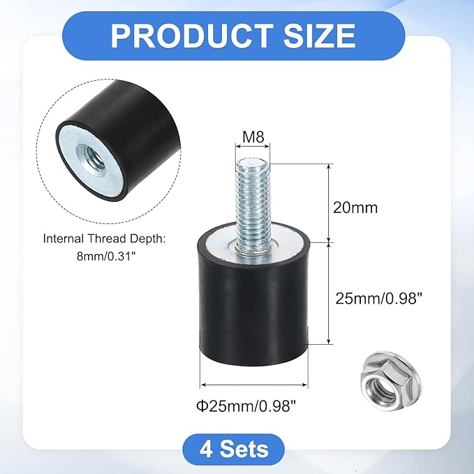 uxcell M8 Rubber Mounts, 4Pcs 25x25mm(DxH) Rubber Cylindrical Anti Vibration Isolator Shock Absorber with Lock Nut for Car Bobbin Generator Air Compressors