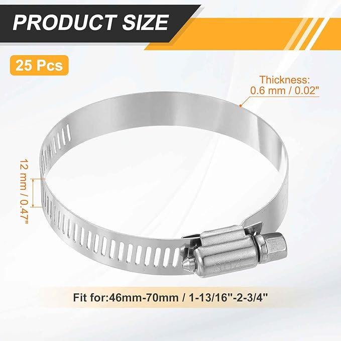 HARFINGTON 25 Pcs Hose Clamp 1-13/16"-2-3/4" (46-70mm) 304 Stainless Steel Adjustable Worm Gear Hose Clamp with Phillips Screw Assortment Kit for Fuel Line Pipe Plumbing Automotive Tube