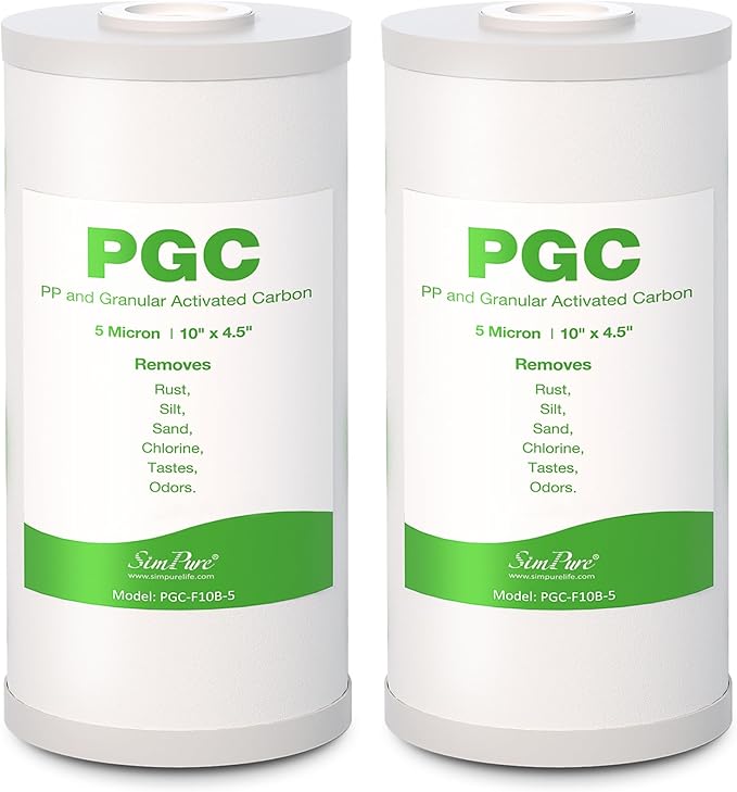 SimPure 5 Micron 10" x 4.5" Sediment and Carbon Whole House Water Filters, PGC Replacement Cartridge for GE FXHTC, GXWH40L, RFC-BB / 155141-43, WRC25HD, WDGD-5005, W10-PR, W15-PR, 2 Pack