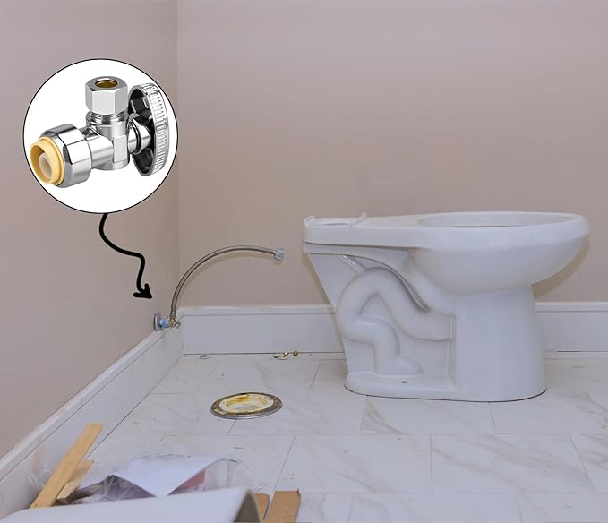 2pcs Stop Valves, 1/2" × 3/8" Angle Stop Valve, 1/2" PTC Input, 3/8" OD Compression Output, Push to Connect, 1/4 Turn, Chrome Plated Brass for Faucet, Toilet Valves, No Lead