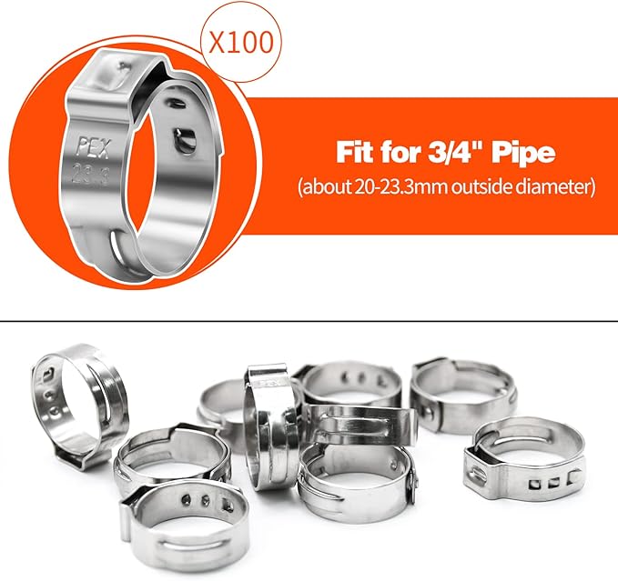 100 Pack 3/4" PEX Cinch Clamps, Stainless Steel Single Ear Hose Clamps
