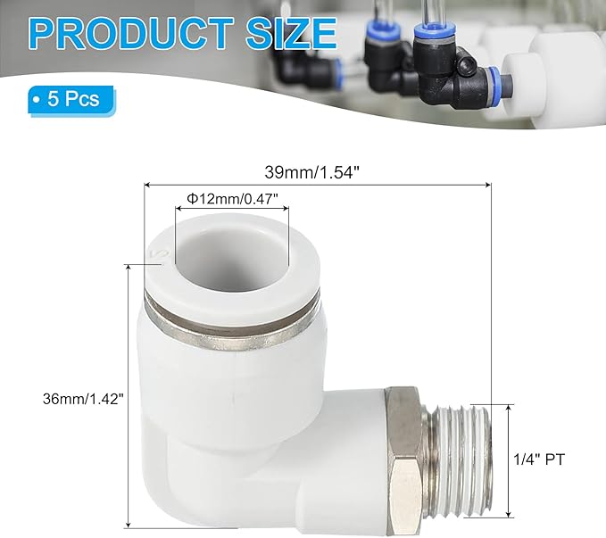PATIKIL Push to Connect Fitting, 2 Pack Pneumatic Air Elbow Quick Connector 1/4"PT Male Thread x 12mm Tube 90 Degree Connect Tubing Elbow Air Tube Fitting Pneumatic Quick Adapter, White