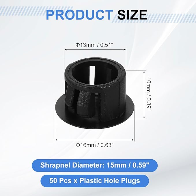 uxcell 50Pcs Plastic Hole Plugs, 13mm(1/2") Flush Type Panel Plugs, Round Snap Knockout Locking Plugs for Furniture Insert End Caps Panels, Black