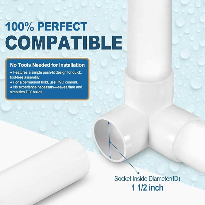 4 Pack 1 1/2" SCH40 PVC Elbow Pipe Fitting, 3-Way PVC Elbow Corner Side Outlet Tee Fitting, Furniture Grade Pipe Connectors for DIY Project, Pond Protection, Socket x Socket, White