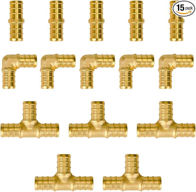 SUNGATOR 15-Pack 1/2 Inch PEX Fittings, 5 Each Elbow Tee Coupling, No Lead Brass, Pex Fittings 1/2 Inch Assortment, UPC, NSF Certified