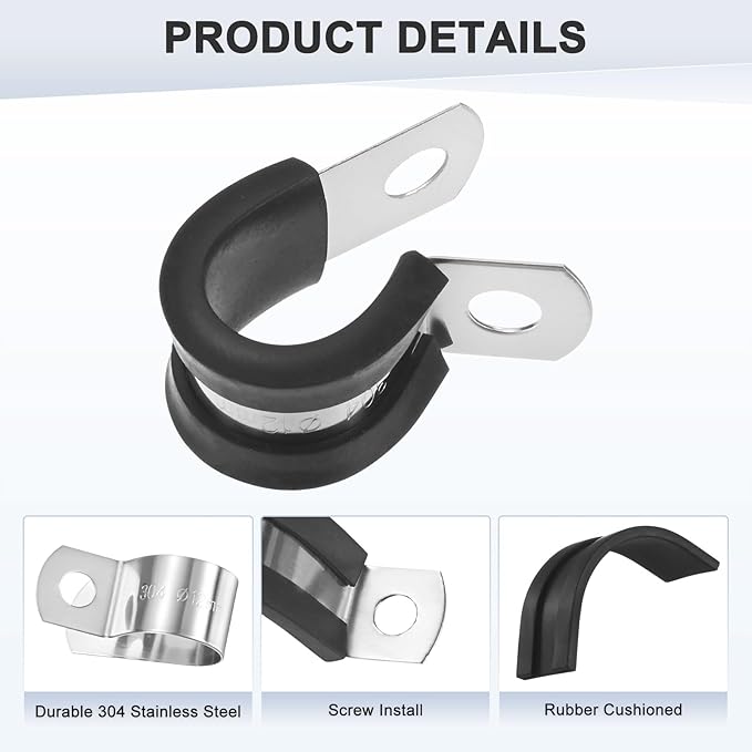 25-Pack Cable Clamps, 15/32 inch/ 12 mm 304 Stainless Steel Rubber Cushioned Insulated Cable Clamp R Shape Metal Holder for Tube/Wire/Pipe/Loop Installation