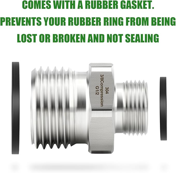 TAISHER 5PCS 304 Stainless Steel Reducer Faucet Adapter 1/2" G Thread (BSP) × 3/8" Compression Pipe Fitting for RV kitchen bathroom faucet supply line adapter with rubber gasket
