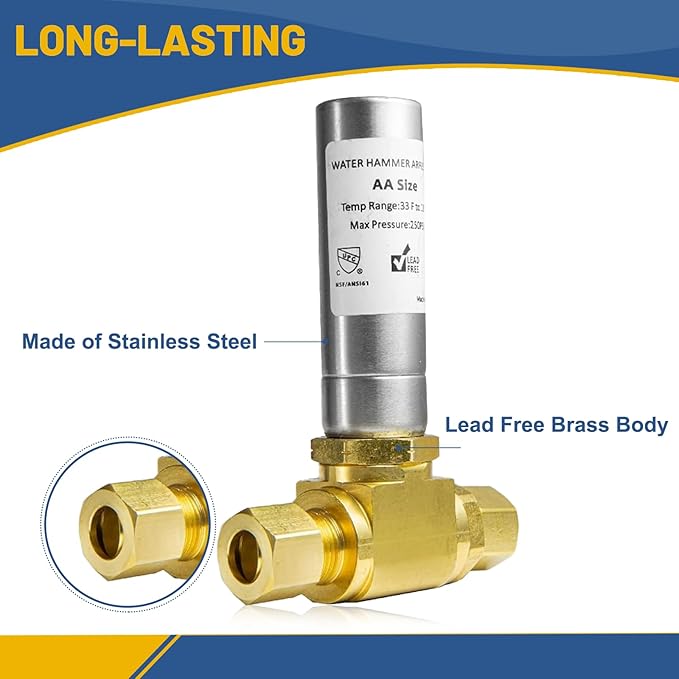 Water Hammer Arrestor,3/8" OD Comp. X 3/8" OD Tee Stainless Steel Water Arrestor,for Dishwasher Connection(2PACK,Stainless Steel Arrestor)(HAMMER013-2Pack)