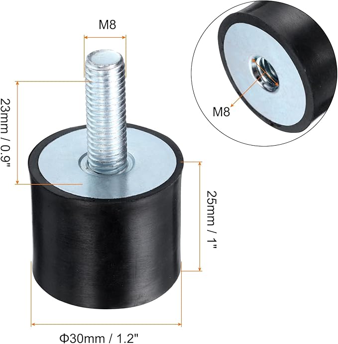 uxcell 4pcs M8x23mm Rubber Isolator Mounts with Studs 30x25mm Male Female Vibration Shock Absorber Zinc Plated Cylindrical Thread Mounts Anti Vibration Isolators with 4pcs M8 Lock Nuts