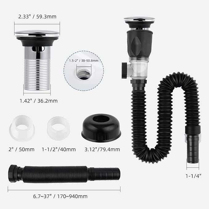 iFealClear Bathroom Sink Drain Kit, Flexible P-Trap Drain Pipe with Pop Up Stopper, Sink Pipe Replacement with 2 Adapters, Fits 1-1/4'', 1-1/2'', 2" Holes, Big Cover Cap, Brass Bounce Core, Chrome
