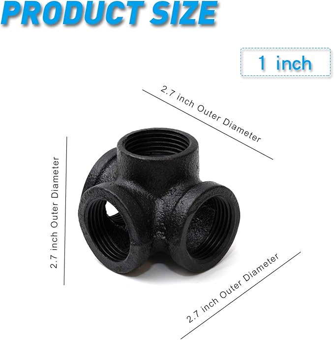 1" Black 4-Way Side Outlet Tee, Home TZH 4-Pack 4-Way Corner Cast Black Malleable Iron Pipe Fitting for Industrial Pipe, Furniture and DIY Decoration (4, Black 1 Inch)