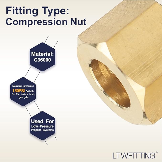 LTWFITTING 5/16-Inch Brass Compression Nut,Brass Compression Fitting(Pack of 1000)