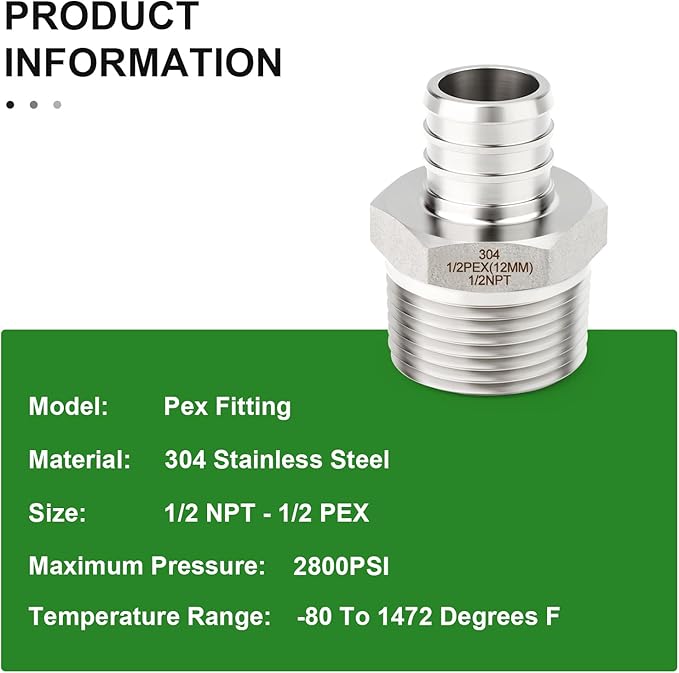 TAISHER 5PCS 304 Stainless Steel Pex Fittings,1/2" Pex x 1/2" NPT Male,1/2" Pex Fitting With 5PCS Hose Clamp For Pex Tubing Pipe