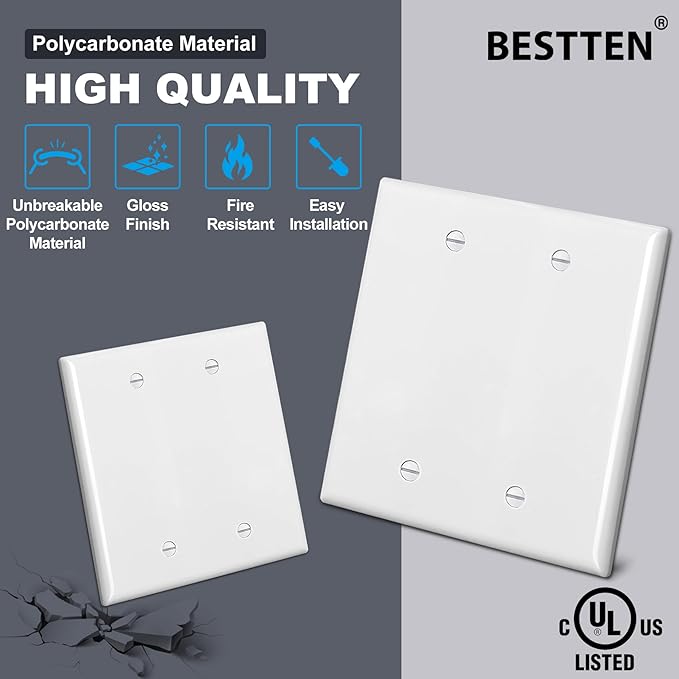 [2 Pack] BESTTEN 2-Gang No Device Blank Wall Plate, H4.53” x W4.57”, Standard Size, Unbreakable Polycarbonate Thermoplastic Outlet cover, UL Listed, White