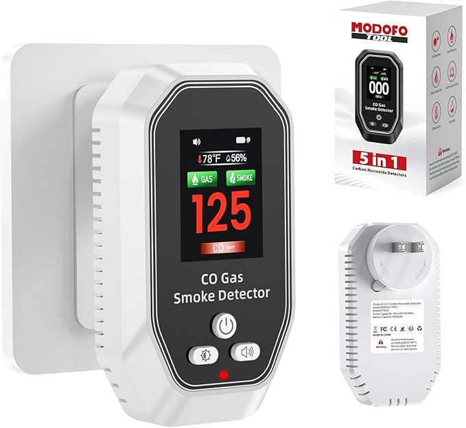 6-in-1 Portable Carbon Monoxide Detectors Plug in, MODOFO TOOL Smoke and Carbon Monoxide Detector with Built-in Battery, Natural Gas Leak Detector, HD Display for CO, Gas, Smoke, Temp, Humidity White