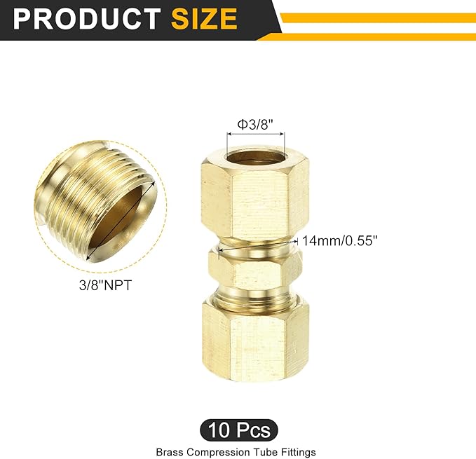 uxcell 3Pcs Brass Compression Tube Fitting, 3/8" Tube OD x 3/8" Tube OD Connector Straight Coupling Adapter Union Fittings