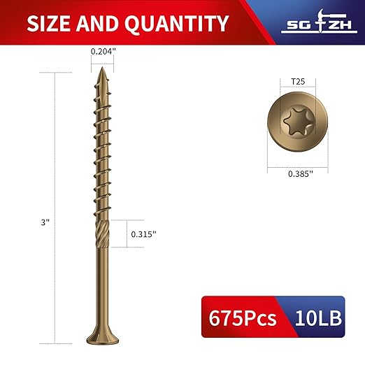 #10 x 3 Inch Deck Screws (675Pcs) 10lb. Carbon Steel, Yellow, Flat Head, Rust Resistant epoxy Coated, with T25 Star Bit
