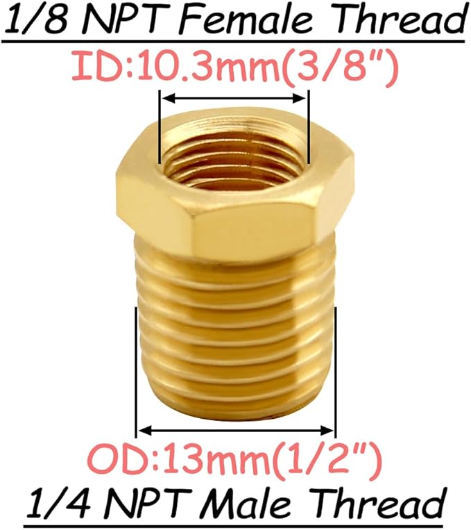 4PCS Brass Reducer Bushing, 1/4" NPT Male to 1/8" NPT Female Thread, Hex Reducing Convert Adapter Pipe Fitting Connector for Water/Oil/Gas
