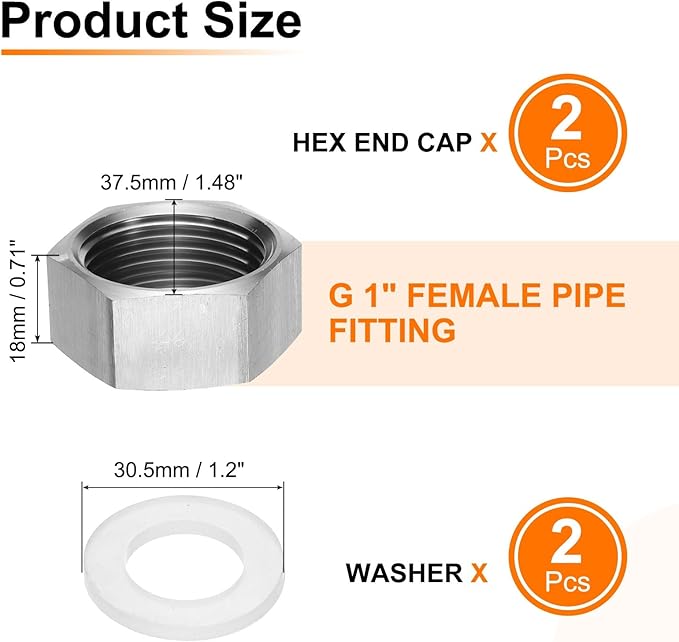 uxcell 2pcs Hex End Cap 304 Stainless Steel Nut with Washer, G1" Female Thread Pipe Fitting, Gas Line Water Line Stop Valve Cap Tubing Ends for Plumbing Fittings, Silver Tone