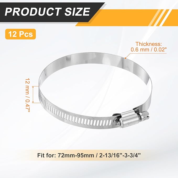 HARFINGTON 12 Pcs Hose Clamp 2-13/16"-3-3/4" (72-95mm) 304 Stainless Steel Adjustable Worm Gear Hose Clamp Assortment Kit for Fuel Line Pipe Plumbing Automotive Tube Mechanical
