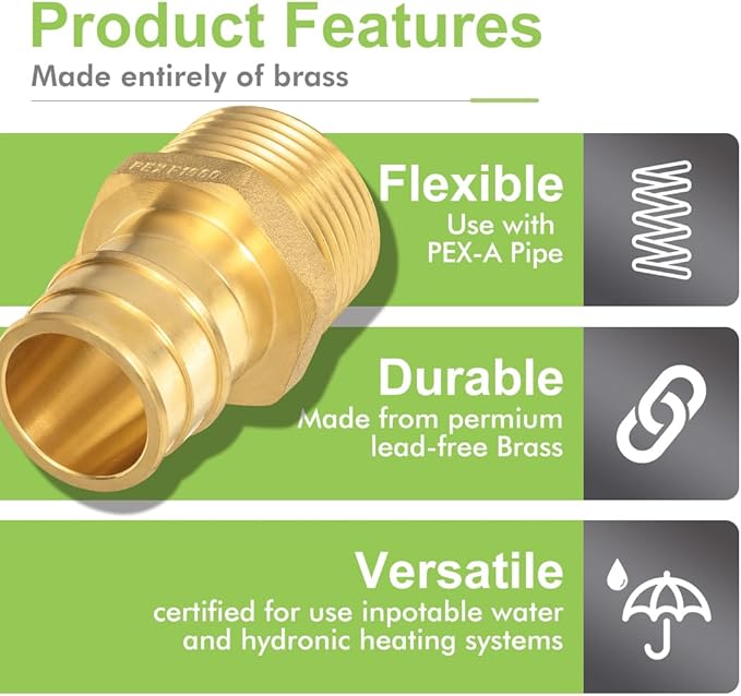 2 Pack Brass Expansion Male Adapter, 1 Inch Male NPT to 1 Inch PEX-A Brass Expansion PEX-A Fittingse,NSF/ANSI 61 NSF 372 Certificate, ASTM F1960 Certified