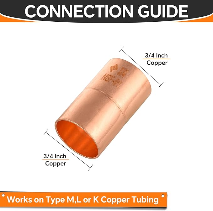 HeSun 30-Pack Copper Fittings, 3/4-Inch Copper Coupling with Rolled Stop, C x C with Sweat Solder Connection