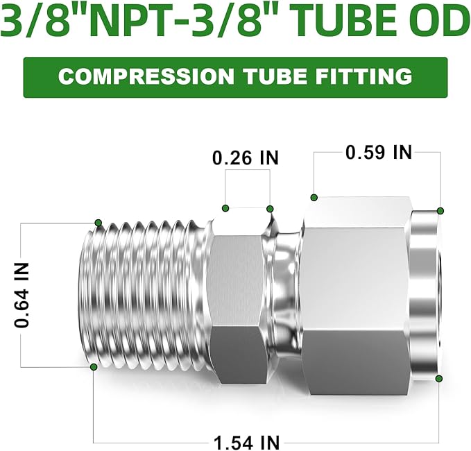 TAISHER 2PCS 304 Stainless Steel Compression Tube Pipe Fitting Connector, 3/8" Tube OD x 3/8" NPT Male Straight Adapter