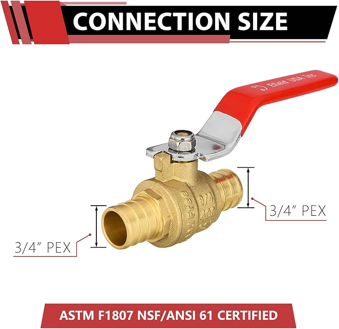 10-Pack EFIELD 3/4 Inch Barb Crimp Pex Brass Full Port Shut-off Ball Valve, Red Level, ASTM F1807,(VALVE019)