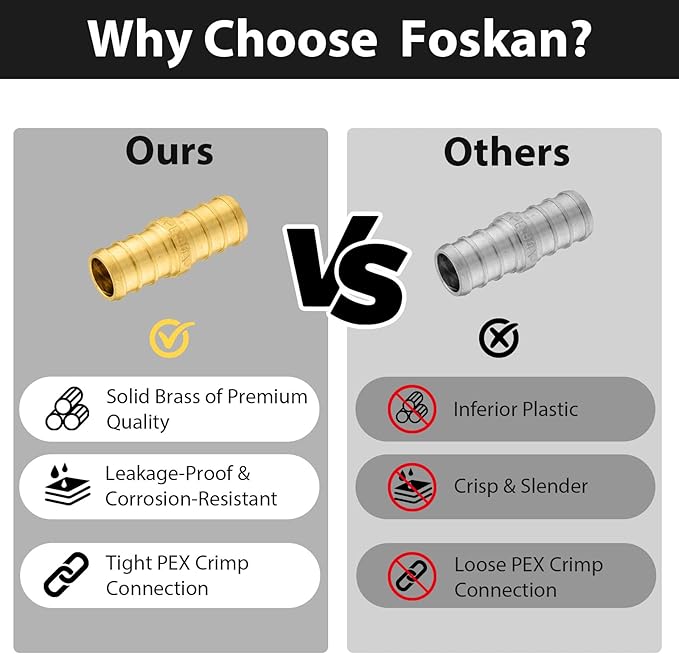 500-Pack Foskan 1/2 Inch PEX Straight Coupling,Brass Crimp Fittings for PEX Tubing Pipe
