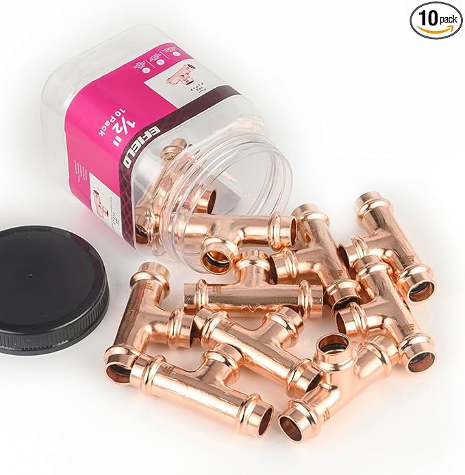 (Pack of 10) EFIELD 1/2" x 1/2" x 1/2" Copper Press Fit Equal Tee For Copper Tube Connection, Pro Pack, LBP Design,(COPPER068)