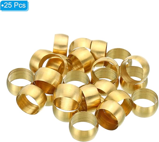 PATIKIL 12mm Tube OD Brass Compression Sleeves Ferrules, 25 Pack Brass Ferrule Fitting Brass Compression Fitting Assortment Kit for Air Water Gas Pipe
